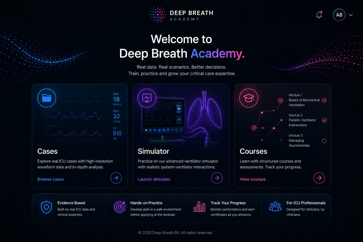 Deep Breath Academy home with cases, simulator, and courses