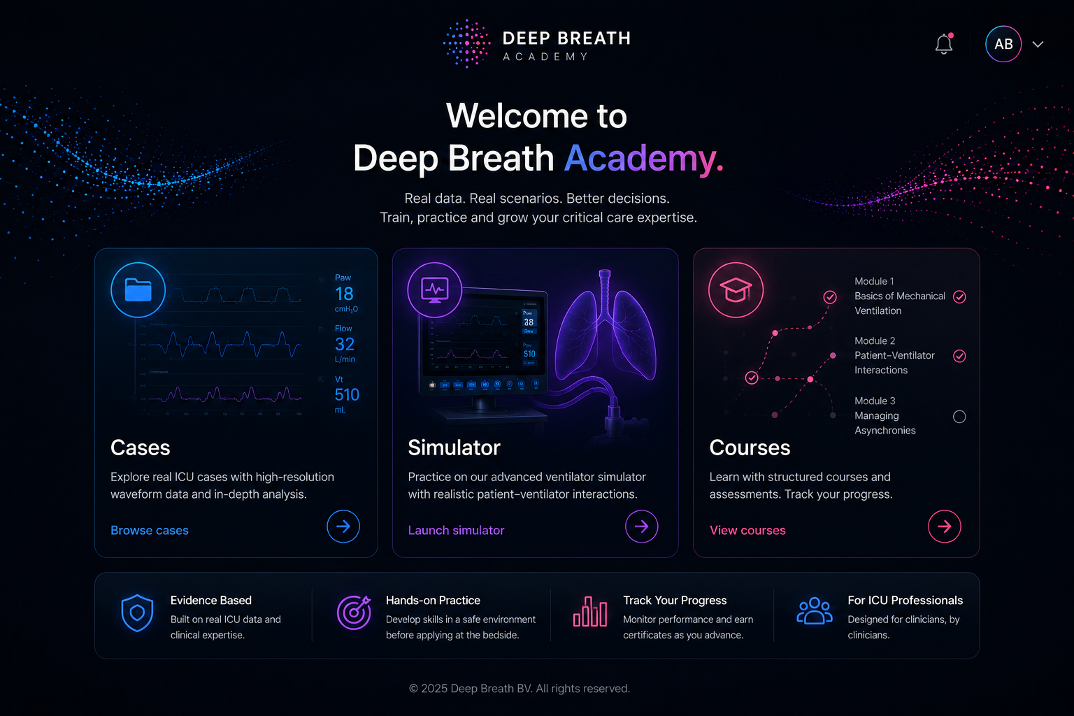 Deep Breath Academy home with cases, simulator, and courses